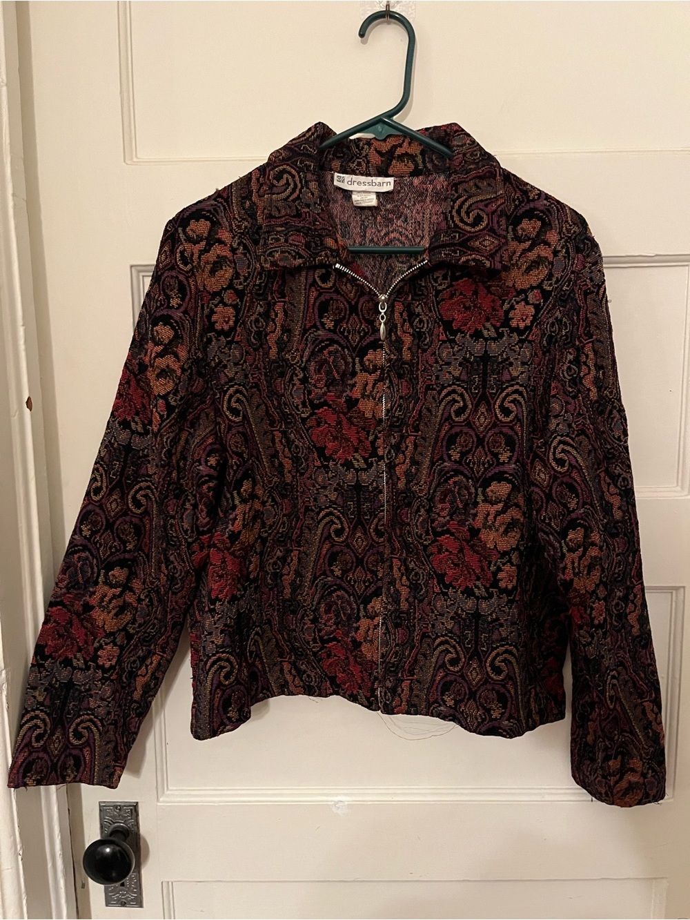 dressbarn Multi-Color Tapestry Zip-Front Bomber Jacket